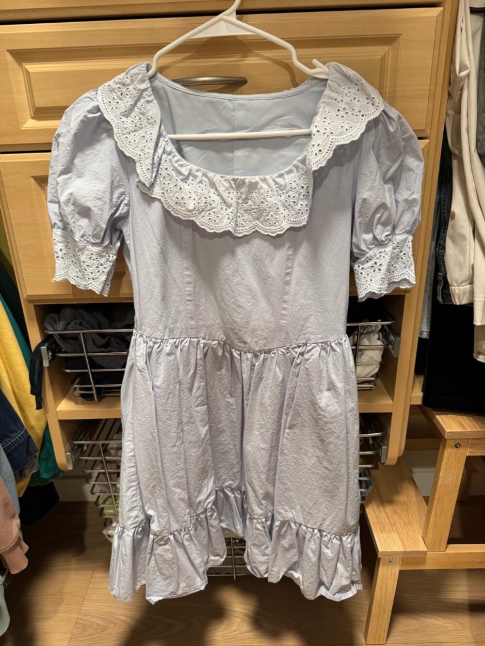 Light Blue Eyelet Lace Collar Puff Sleeve Mini Dress — Size S